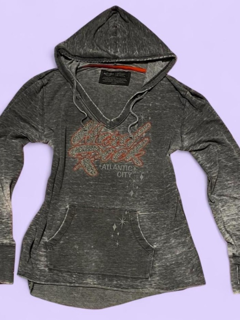 Hard Rock Cafe Gray V-Neck Hoodie with Embellished Atlantic City Graphic